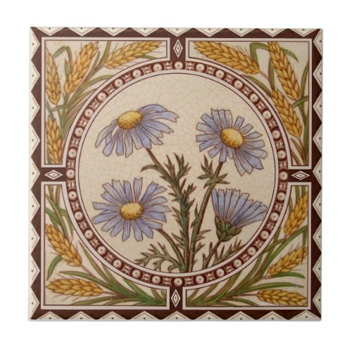 Repro Victorian Gold Wheat Cornflower Blue Floral Ceramic Tile