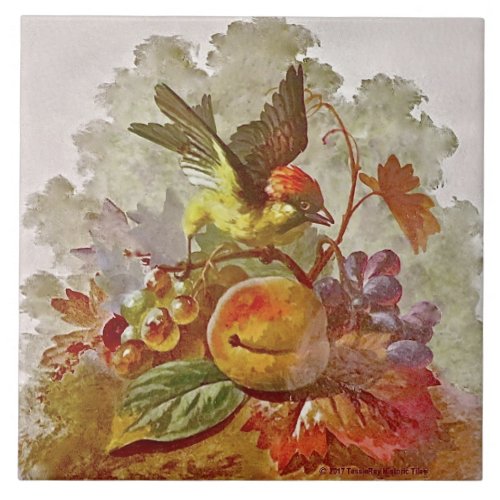 Repro Victorian Handpainted Bird  Fruit Tile 1