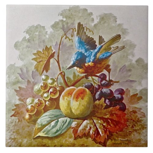 Repro Victorian Handpainted Bird  Fruit Tile 2
