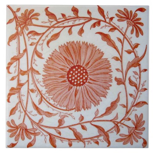 Repro Victorian Minton Print Coral Rose Floral Ceramic Tile