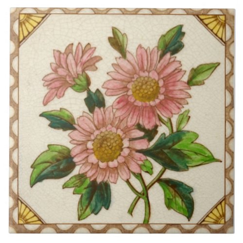 Repro Victorian Pink Daisies Hand Colored Transfer Ceramic Tile