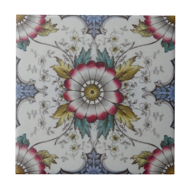 Repro Victorian Red Blue Green Floral Print & Tint Ceramic Tile (Front)