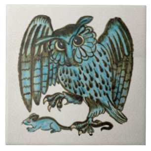 Repro Vintage 1880s De Morgan Blue Owl & Rat Ceramic Tile