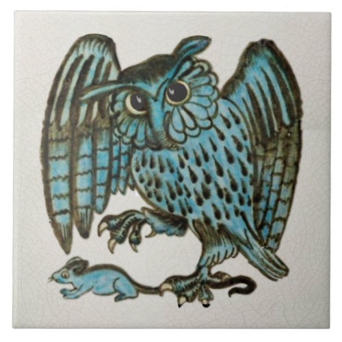 Repro Vintage 1880s De Morgan Blue Owl  Rat Ceramic Tile