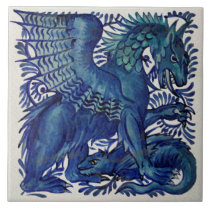 Repro Wm De Morgan Blue Mother Child Dragons Ceramic Tile Repro Wm De Morgan Blue Mother Child Dragons Ceramic Tile