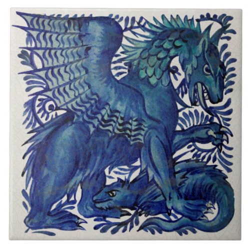 Repro Wm De Morgan Blue Mother Child Dragons Ceramic Tile