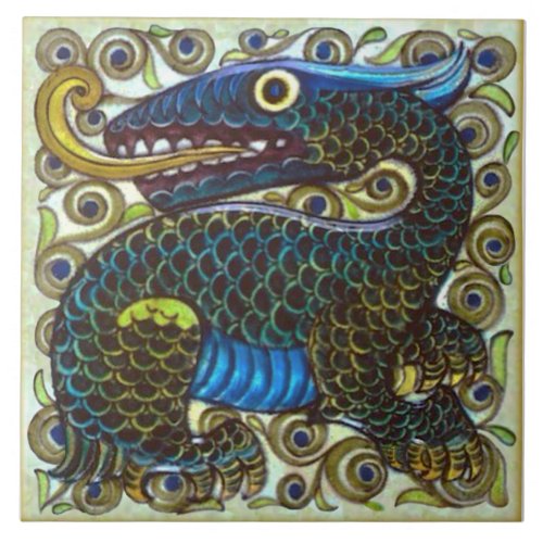 Repro Wm De Morgan Colorful Fun Dragon Ceramic Tile