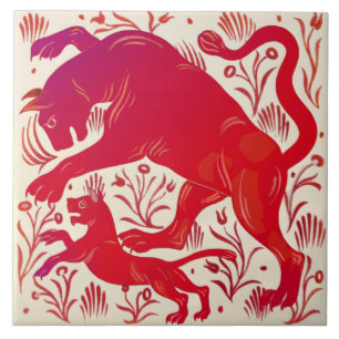 Repro Wm De Morgan Ruby Lustre Cats (Panthers?) HP Ceramic Tile