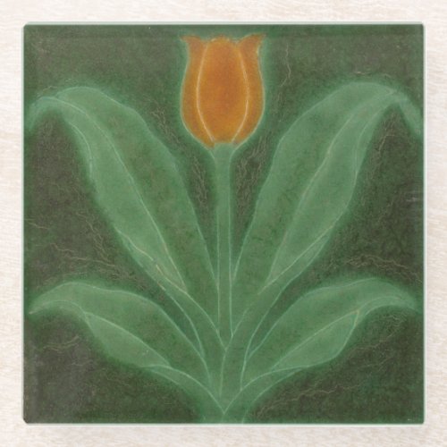 Repro Yellow Green Tulip Art Nouveau Tile Glass Coaster