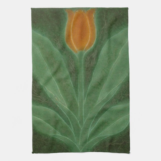 Repro Yellow Green Tulip Art Nouveau Tile Kitchen Towel (Vertical)