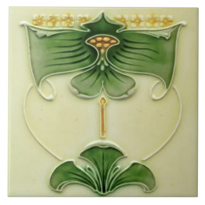 Art Nouveau Vintage Ceramic Tile Set of 2 German Trivet Majolica Reproduction 