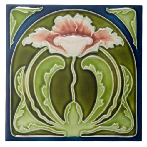 Reproduction Art Nouveau Pink Poppy on Green Tile