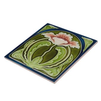 Reproduction Art Nouveau Pink Poppy on Green Tile | Zazzle