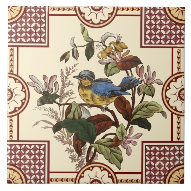 Reproduction Victorian Aesthetic Bird & Flowers Ceramic Tile (Front)