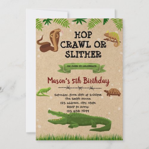 Reptile birthday theme party invitation