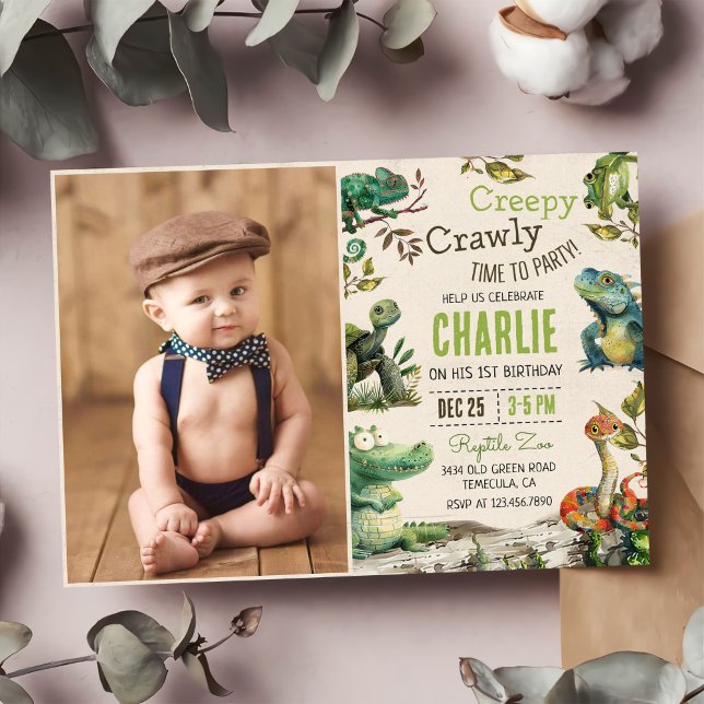 Reptile Kids 1st Birthday Photo Invitation (Creator Uploaded)
