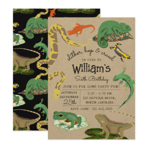 Reptile, Lizards & Amphibians Kids Birthday Kraft Invitation