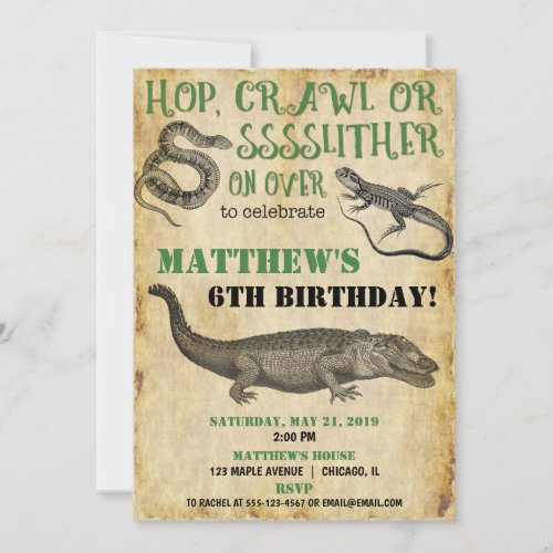 Reptile party birthday snake lizard alligator invitation