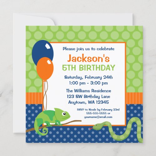 Reptile Polka Dot Kids Birthday Invitation