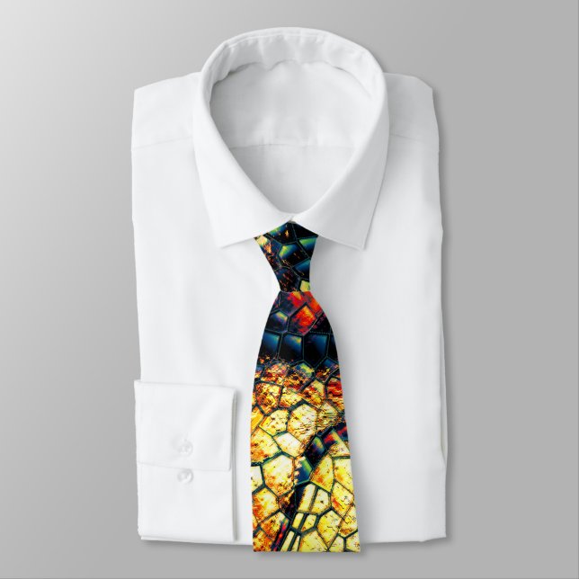 Reptile skin with very orangish and dark spots?    neck tie (Tied)