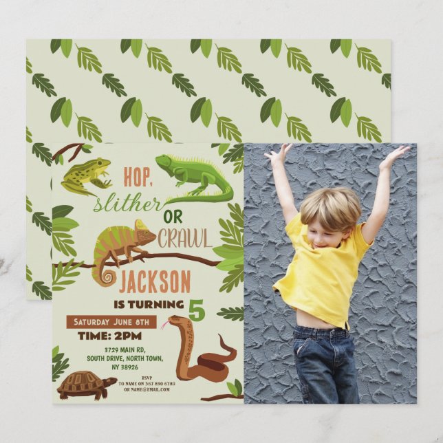 Reptiles Snake Birthday Party Lizard Frogs Iguana Invitation (Front/Back)