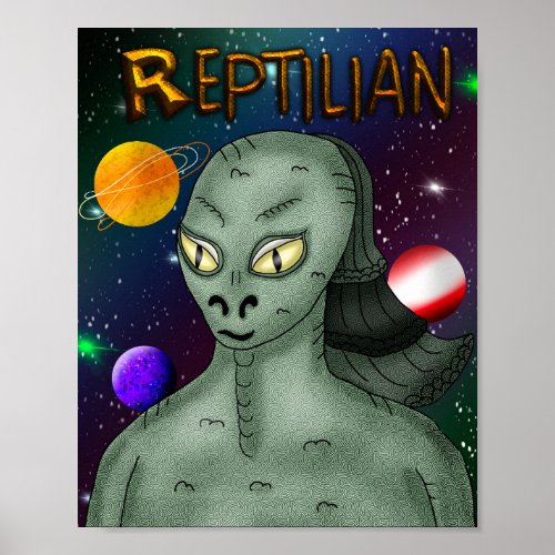Reptilian Alien with Outer Space Background Poster