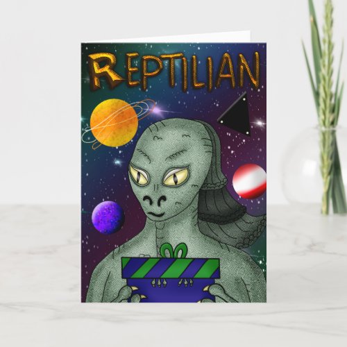 Reptilian Alien with Outer Space Birthday Card