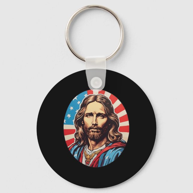 Republican Jesus – Bold Pop Art With American Flag Keychain (Front)