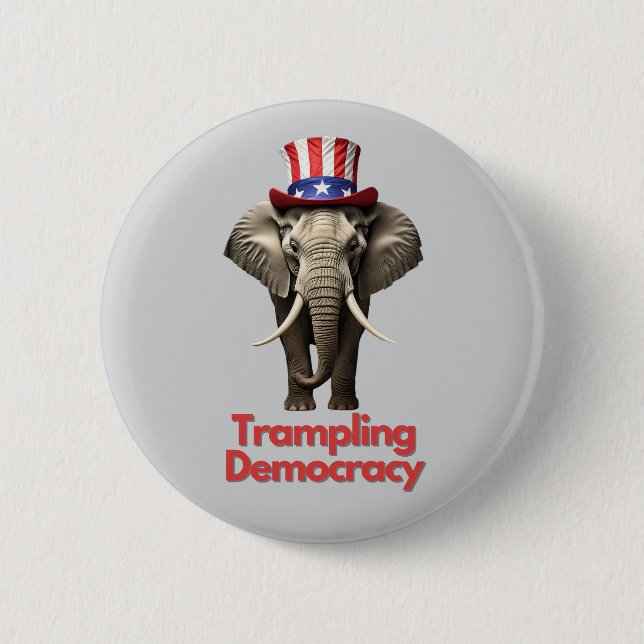 Republican Party Elephant Trampling Democracy Button (Front)