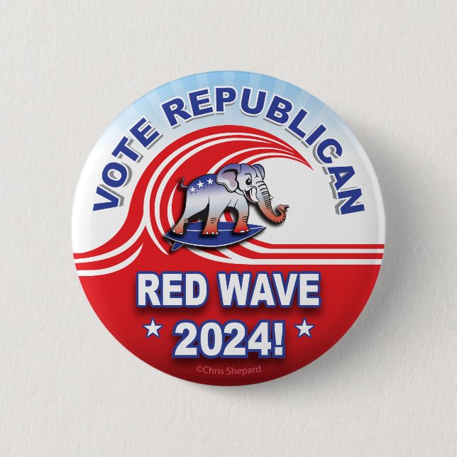 Republican Red Wave 2024 Tsunami Surfing Elephant Button (Front)