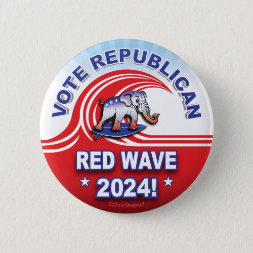 Republican Red Wave 2024 Tsunami Surfing Elephant Button