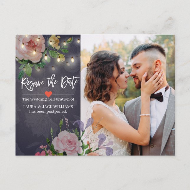 Resave the Date Floral Wedding Postponement Photo Announcement Postcard (Front)