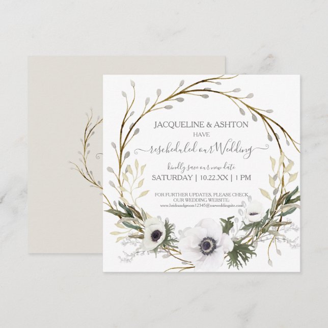 Rescheduled Wedding Anemone White Gray Eucalyptus Invitation (Front/Back)