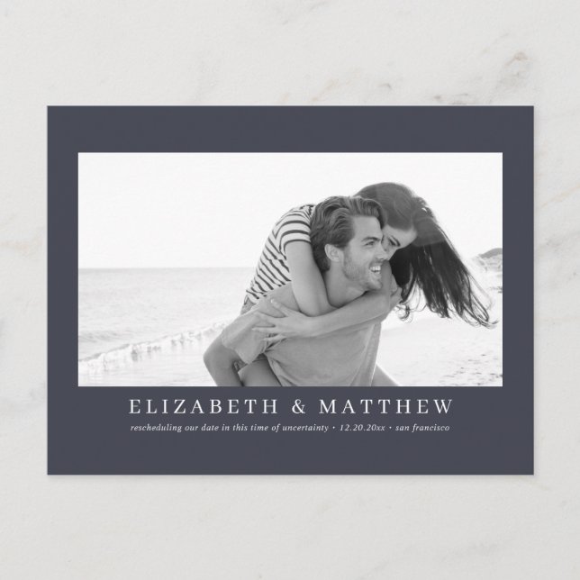 Rescheduled Wedding Announcement Modern Photo Postcard (Front)