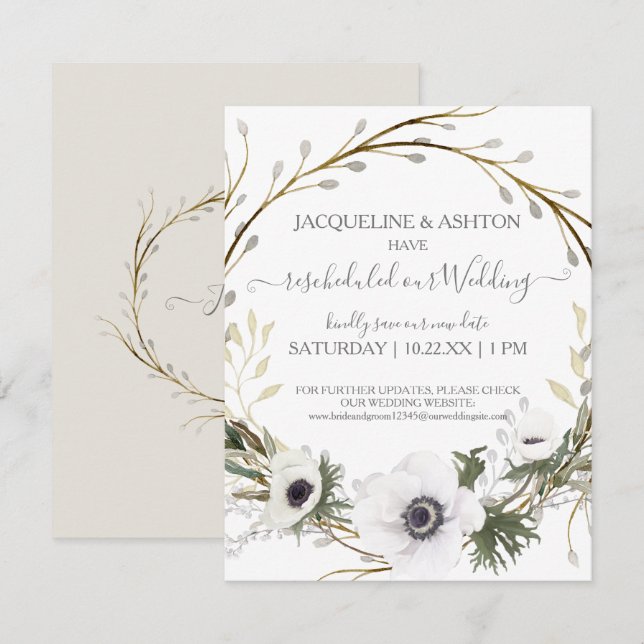 Rescheduled Wedding Gray n White Floral Eucalyptus Invitation (Front/Back)