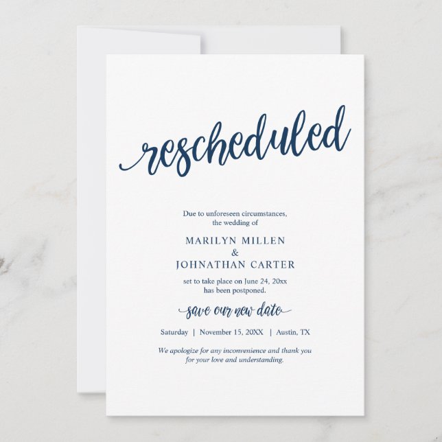 Rescheduled Wedding, Navy blue, Announcement (Front)