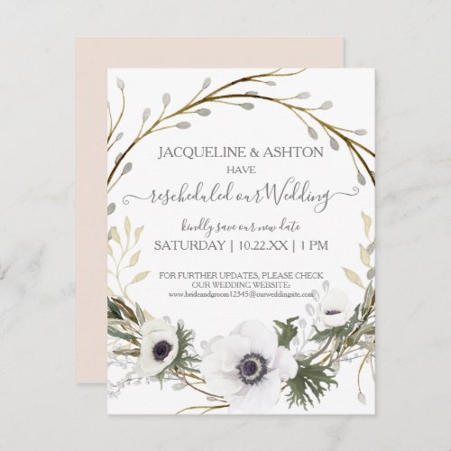 Rescheduled Wedding White Floral Eucalyptus w Pink Invitation