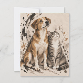 Rescue Dog and Cat Together Ink Wash Art Card