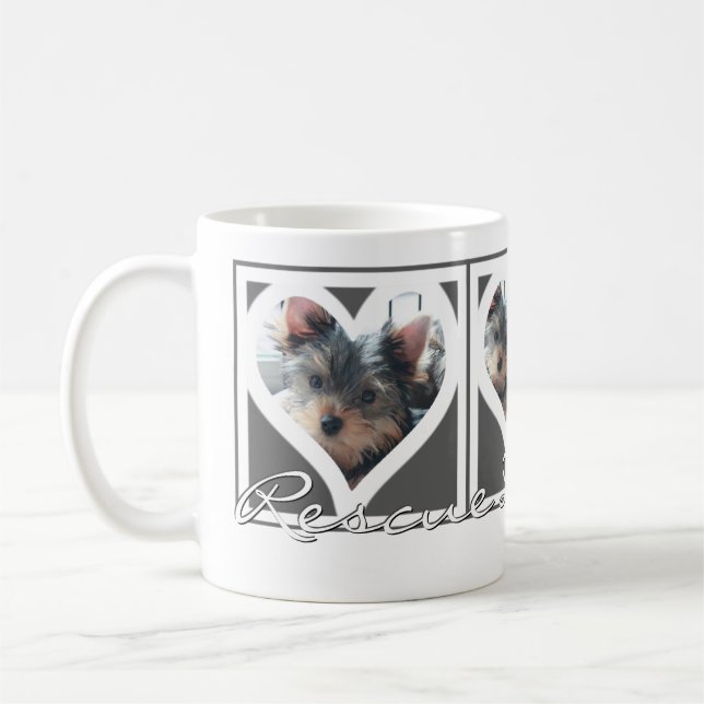 RESCUE DOG MOM Three Photo Heart Frame Gray Coffee Mug (Left)
