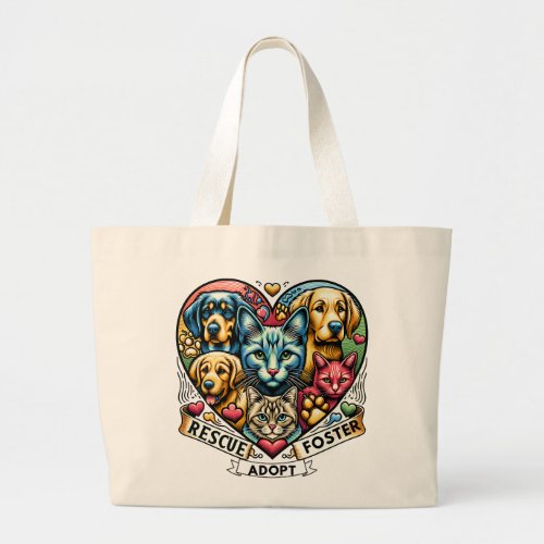 Rescue Foster Adopt Heart with cats and dogs Large Tote Bag