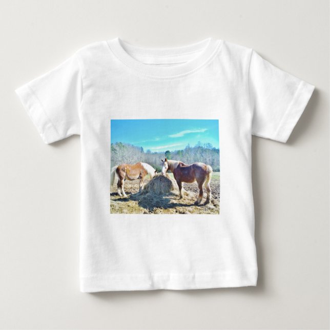 Rescued Draft Horses eating hay Baby T-Shirt (Front)