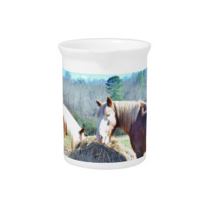 Rescued Draft Horses eating hay Beverage Pitcher
