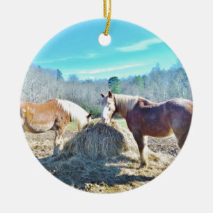 Rescued Draft Horses eating hay Ceramic Ornament