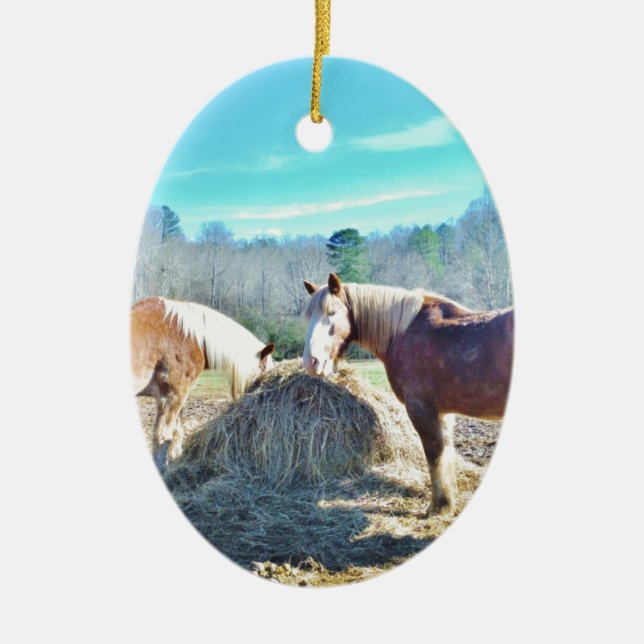 Rescued Draft Horses eating hay Ceramic Ornament (Front)