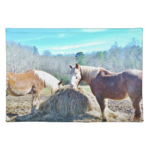 Rescued Draft Horses eating hay Cloth Placemat