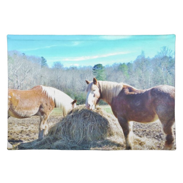 Rescued Draft Horses eating hay Cloth Placemat (Front)