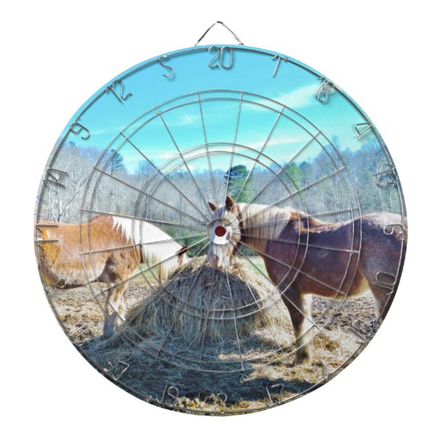 Rescued Draft Horses eating hay Dartboard With Darts (Front)