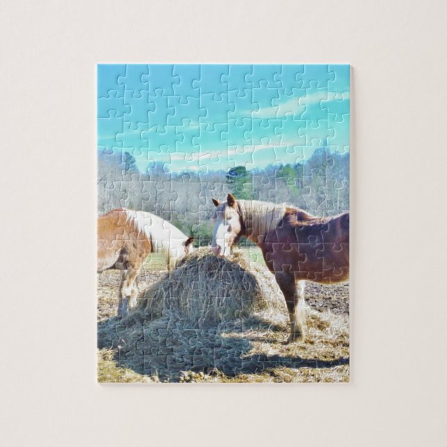 Rescued Draft Horses eating hay Jigsaw Puzzle (Vertical)