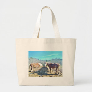 Rescued Draft Horses eating hay Large Tote Bag