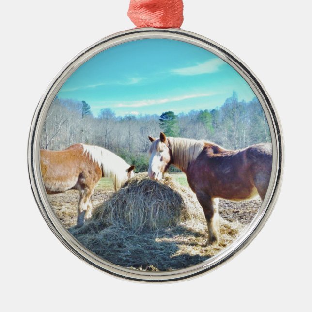 Rescued Draft Horses eating hay Metal Ornament (Front)
